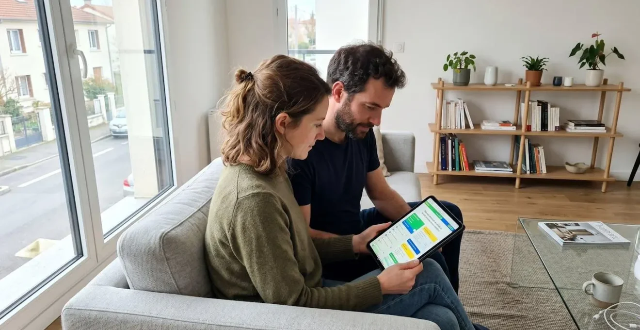Un couple trentenaire assis côte à côte sur un canapé contemporain consulte ensemble un document sur une tablette, vus de profil dans un salon lumineux