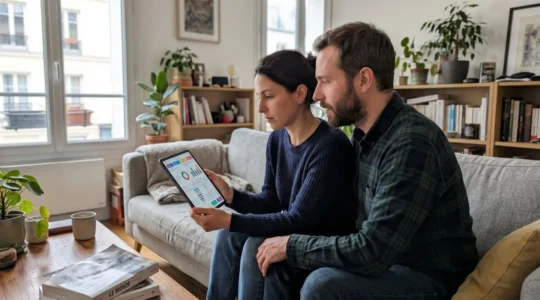 Un couple trentenaire assis côte à côte sur un canapé contemporain consulte ensemble un document sur une tablette, vus de profil dans un salon lumineux