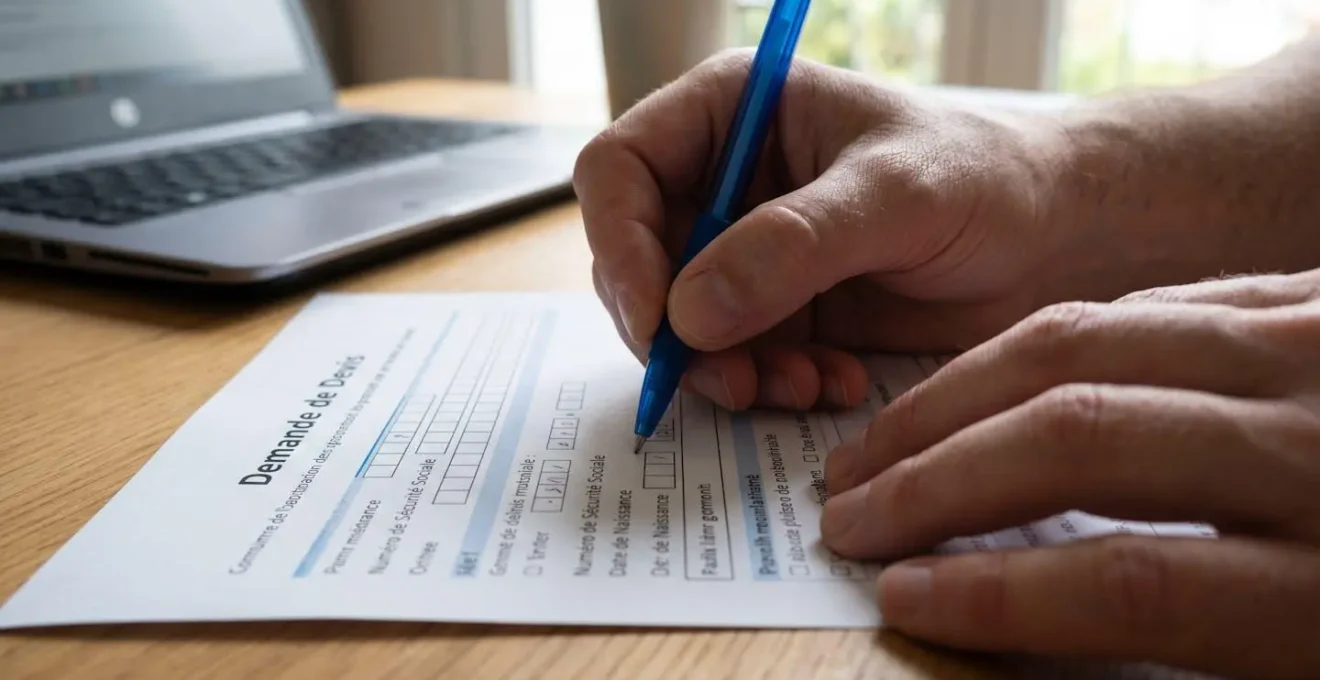 Gros plan sur des mains féminines remplissant un formulaire papier de demande de devis mutuelle avec un stylo, focus net sur les champs date de naissance et situation familiale